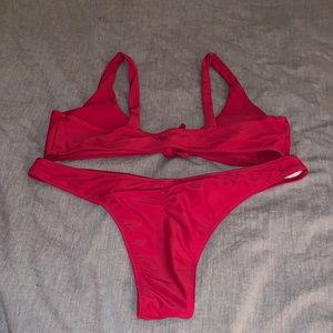 Red front tie bikini top and cheeky bottoms